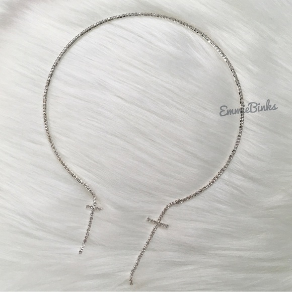 New Dual Cross Rhinestone Open Cuff Choker Collar Necklace - Picture 8 of 13